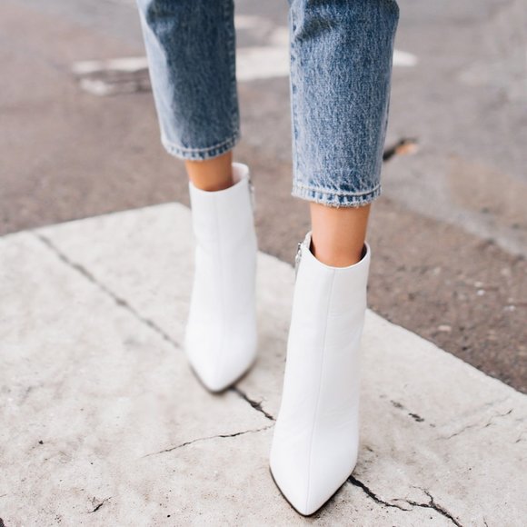 BAMBOO Shoes - NEW🔥 White Pointed Closed Toe Ankle Booties Boots Chunky Block High Heel Zipper